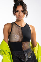 HERE AND THERE RHINESTONE MESH PANEL SLEEVELESS CHEEKY BODYSUIT