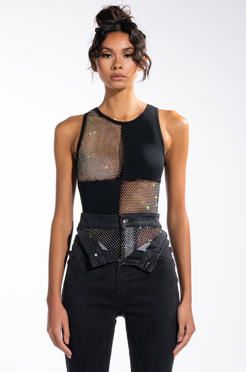 HERE AND THERE RHINESTONE MESH PANEL SLEEVELESS CHEEKY BODYSUIT