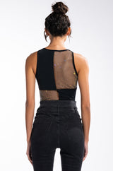 HERE AND THERE RHINESTONE MESH PANEL SLEEVELESS CHEEKY BODYSUIT