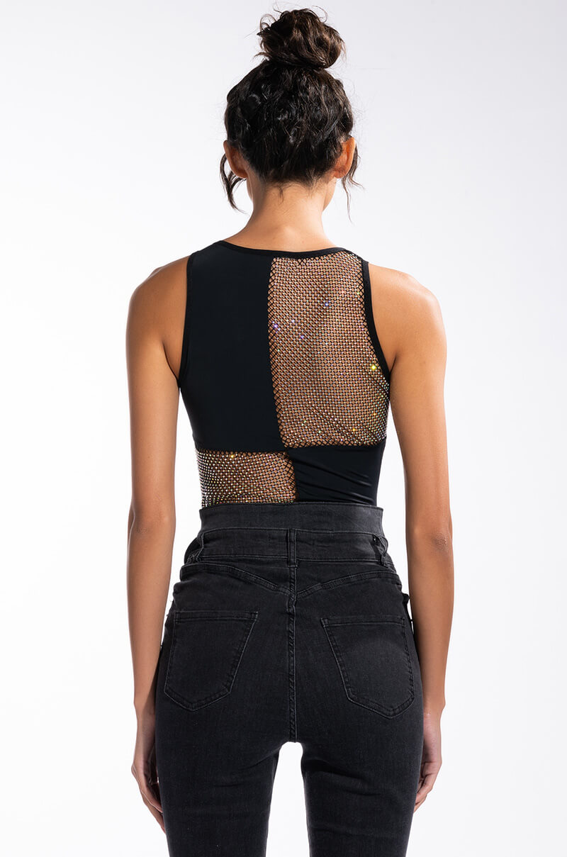 HERE AND THERE RHINESTONE MESH PANEL SLEEVELESS CHEEKY BODYSUIT