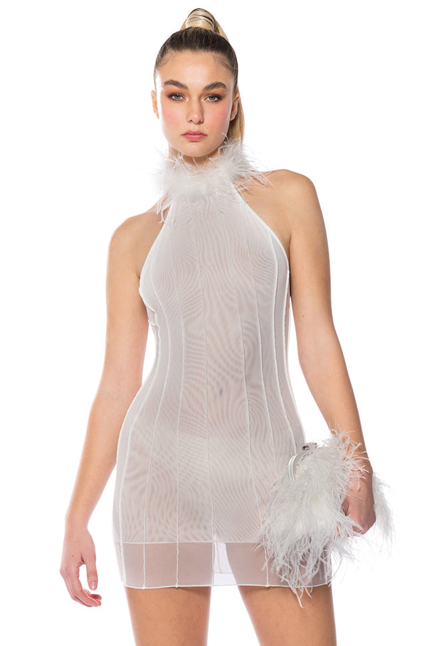 HERE TO PARTY FEATHER MINI DRESS