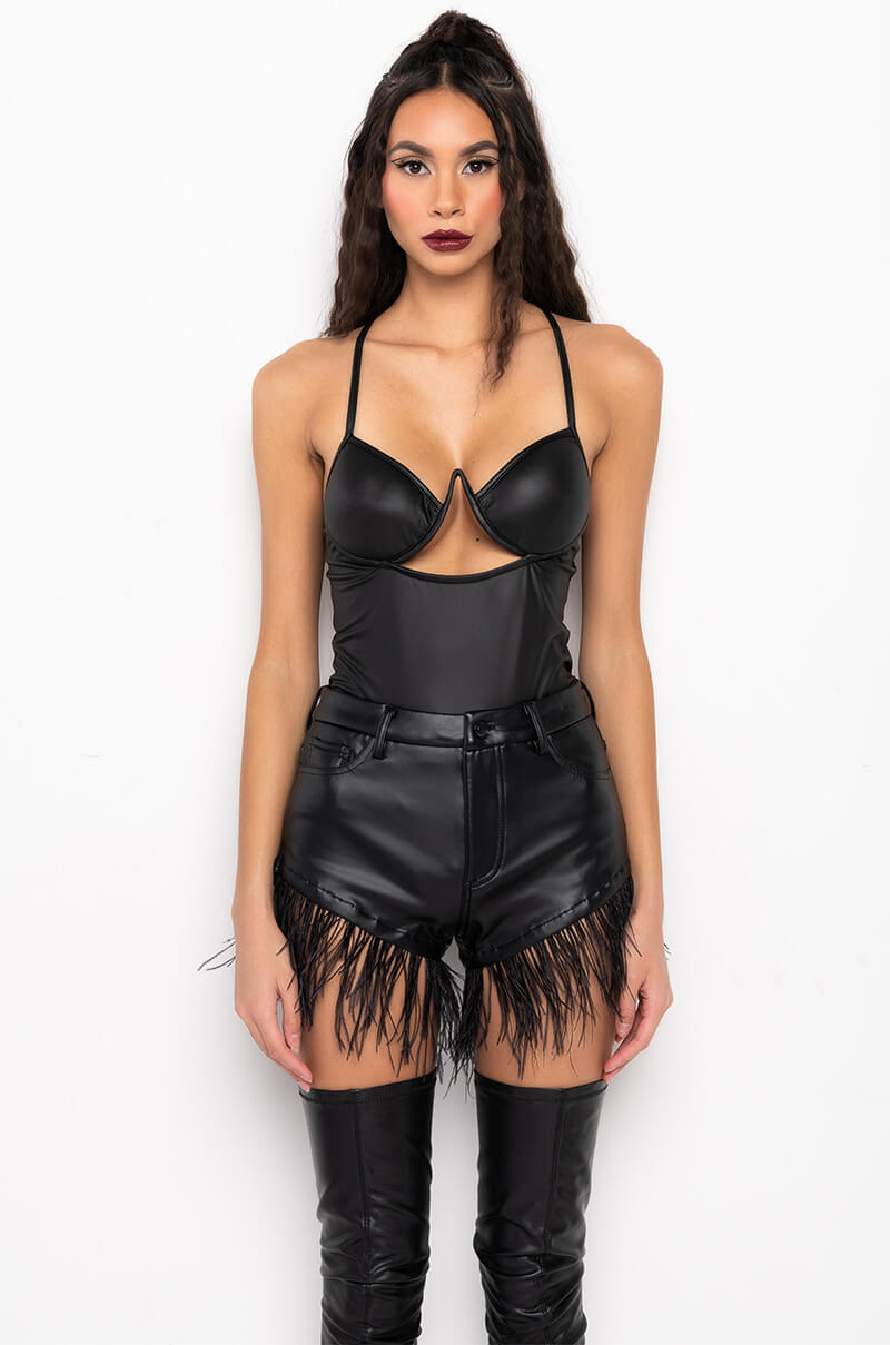 HEY, MA FAUX LEATHER BODYSUIT