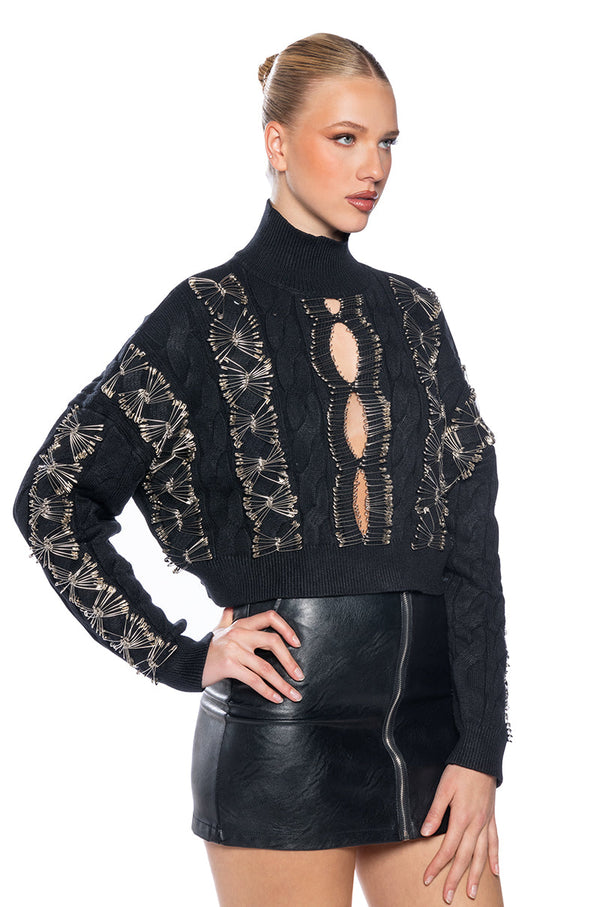 HIS LOSS SAFETY PIN DETAIL CROPPED SWEATER