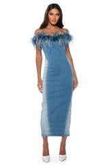 HIT THE TOWN FEATHER TRIM DENIM MAXI DRESS