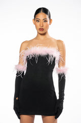 HOLLY FEATHER DETAIL STRAPLESS BODYCON DRESS WITH GLOVES