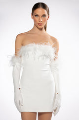 HOLLY FEATHER DETAIL STRAPLESS BODYCON DRESS WITH GLOVES