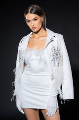HOLLY FEATHER DETAIL STRAPLESS BODYCON DRESS WITH GLOVES