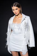 HOLLY FEATHER DETAIL STRAPLESS BODYCON DRESS WITH GLOVES