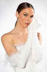 HOLLY FEATHER DETAIL STRAPLESS BODYCON DRESS WITH GLOVES