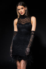 HOLLY STRETCH LACE FEATHER TRIM MINI DRESS WITH GLOVES