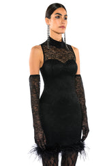 HOLLY STRETCH LACE FEATHER TRIM MINI DRESS WITH GLOVES