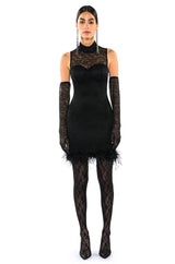 HOLLY STRETCH LACE FEATHER TRIM MINI DRESS WITH GLOVES