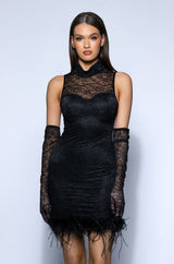 HOLLY STRETCH LACE FEATHER TRIM MINI DRESS WITH GLOVES