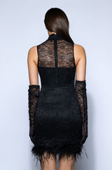 HOLLY STRETCH LACE FEATHER TRIM MINI DRESS WITH GLOVES