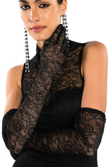 HOLLY STRETCH LACE FEATHER TRIM MINI DRESS WITH GLOVES