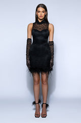 HOLLY STRETCH LACE FEATHER TRIM MINI DRESS WITH GLOVES