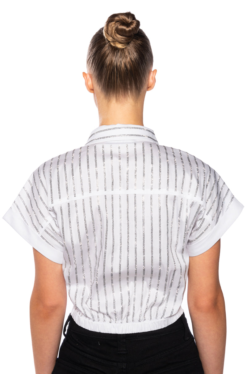 RHINESTONE STRIPE CROPPED BUTTON DOWN