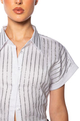 RHINESTONE STRIPE CROPPED BUTTON DOWN