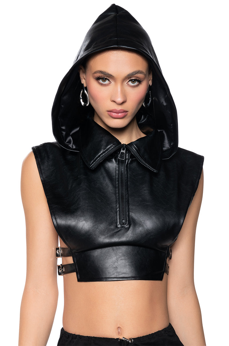 HOODED FAUX LEATHER ZIP UP CUT OUT TOP
