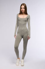 HOT GIRL WALK LONG SLEEVE CATSUIT IN OLIVE
