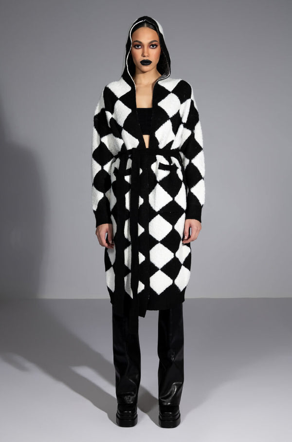 HOUSE OF CARDS HOODED BELTED CARDIGAN