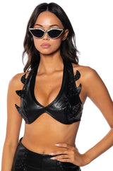 HOWL AT THE WIND FAUX LEATHER STUDDED HALTER BRA TOP