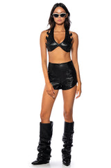 HOWL AT THE WIND FAUX LEATHER STUDDED HALTER BRA TOP