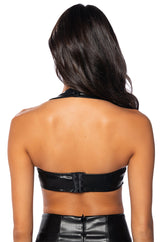 HOWL AT THE WIND FAUX LEATHER STUDDED HALTER BRA TOP