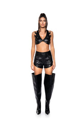 HOWL AT THE WIND FAUX LEATHER STUDDED HALTER BRA TOP
