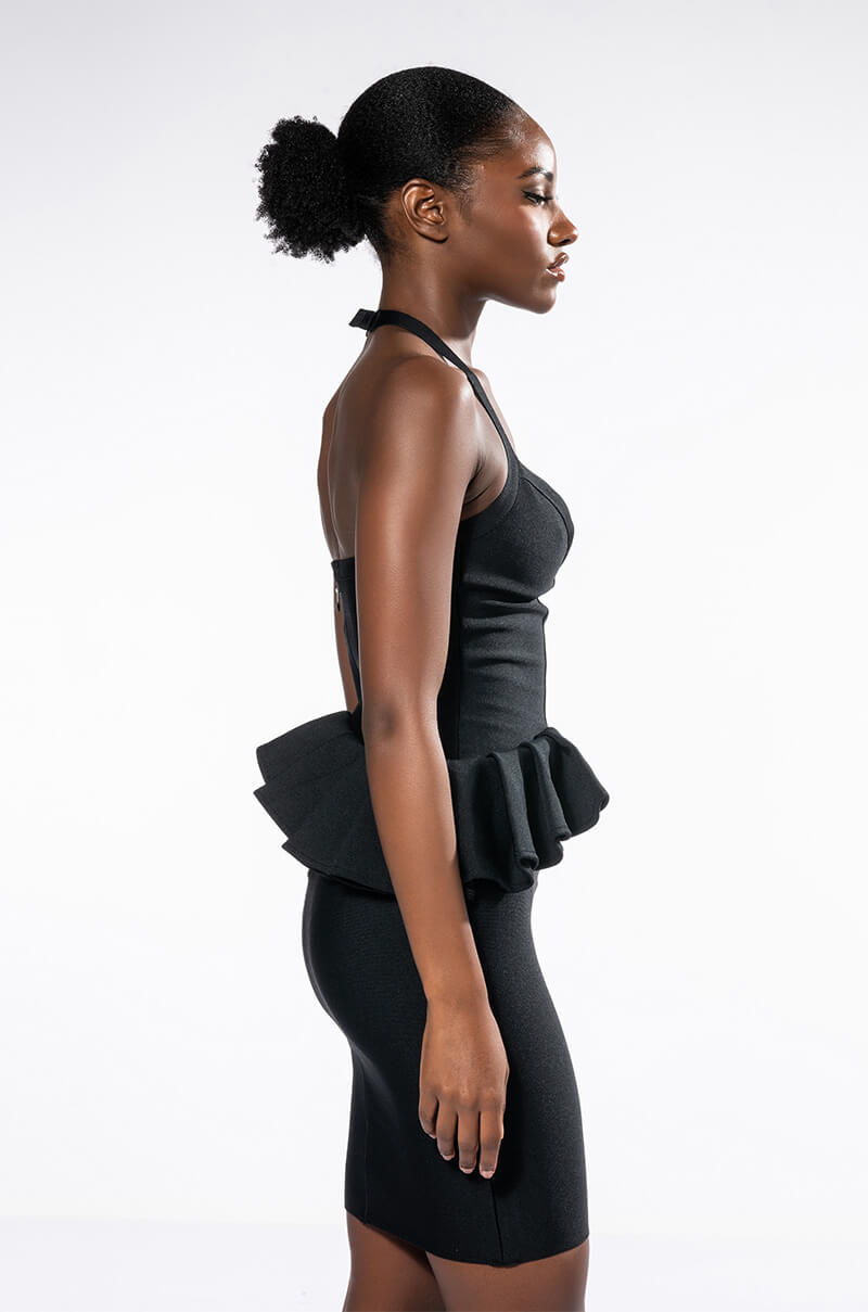 HUSTLER RUFFLE DETAIL BANDAGE MINI DRESS