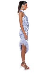 I LOVE IT FEATHER TRIM SATIN MIDI DRESS