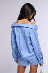 ICED OUT RHINESTONE STRIPE OFF THE SHOULDER POPLIN BLOUSE