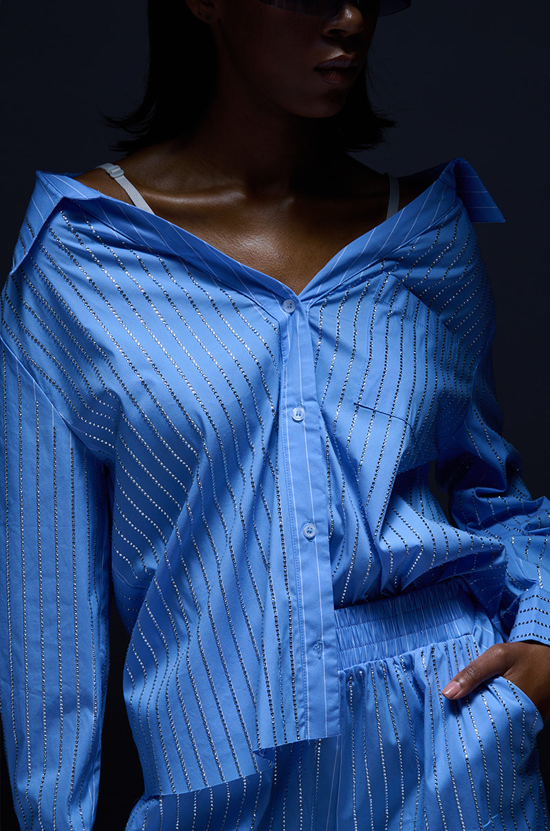 ICED OUT RHINESTONE STRIPE OFF THE SHOULDER POPLIN BLOUSE