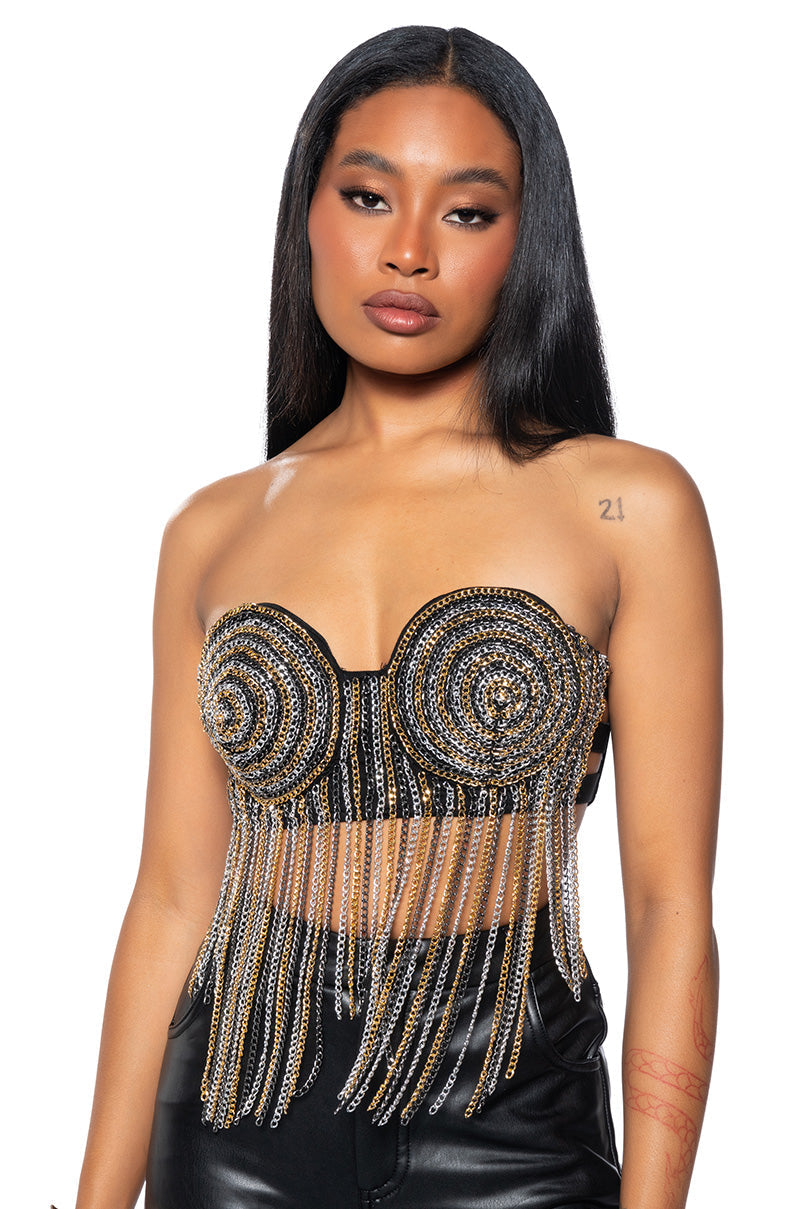 MATERIAL GIRL METALLIC FRINGE BUSTIER TOP