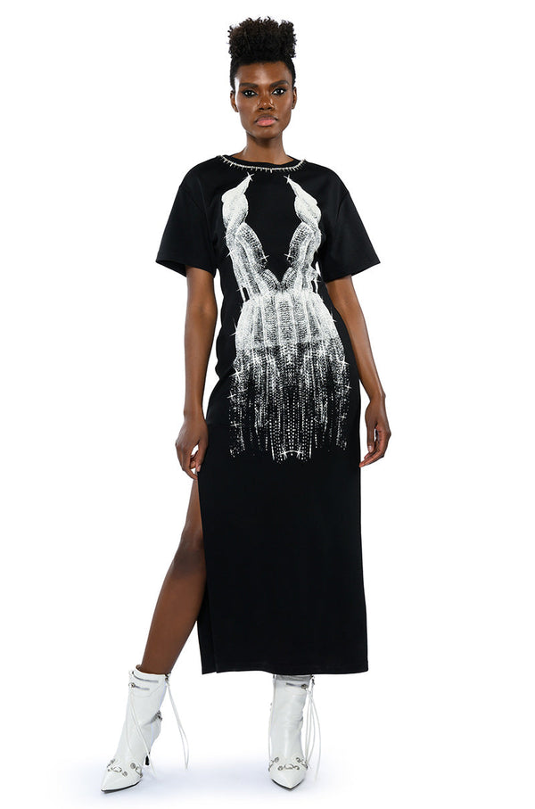 ILLUSIONS STUD DETAIL GRAPHIC MAXI DRESS