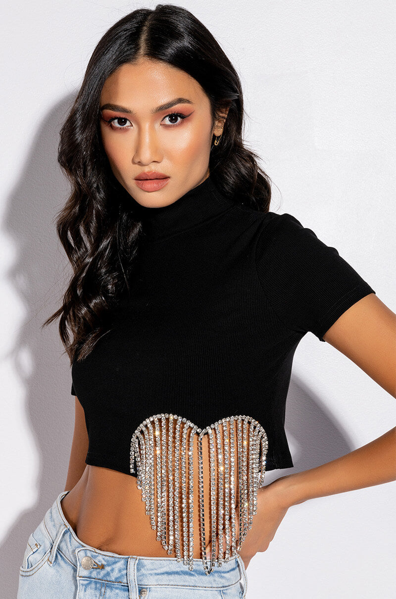 ILYSM RHINESTONE MOCK NECK SHORT SLEEVE TEE