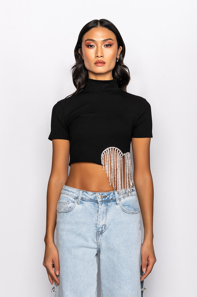 ILYSM RHINESTONE MOCK NECK SHORT SLEEVE TEE