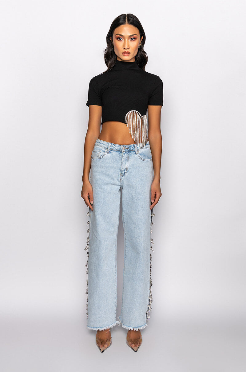 ILYSM RHINESTONE MOCK NECK SHORT SLEEVE TEE