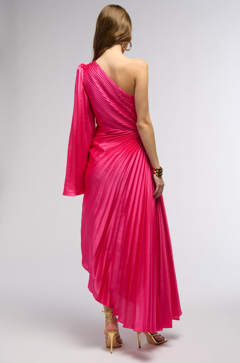 IM THAT GIRL SATIN MIDI DRESS IN NEON PINK