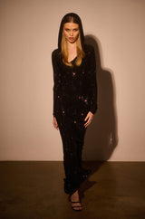 IMA SHINE RHINESTONE HOODED MIDI DRESS IN BLACK