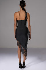IMANI ASYMMETRICAL LACE DETAIL BANDAGE MIDI DRESS