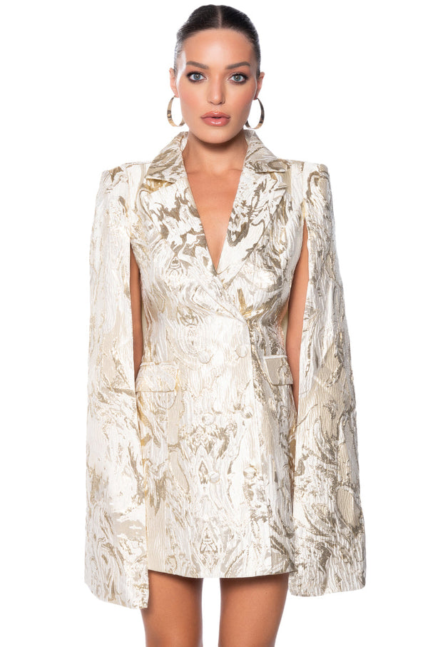 IMANI BROCADE CAPE SLEEVE BLAZER DRESS