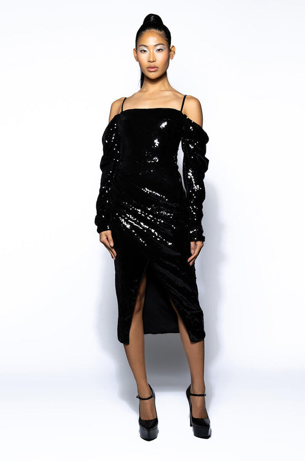 IMOGEN OFF THE SHOULDER LONG SLEEVE SEQUIN MIDI DRESS