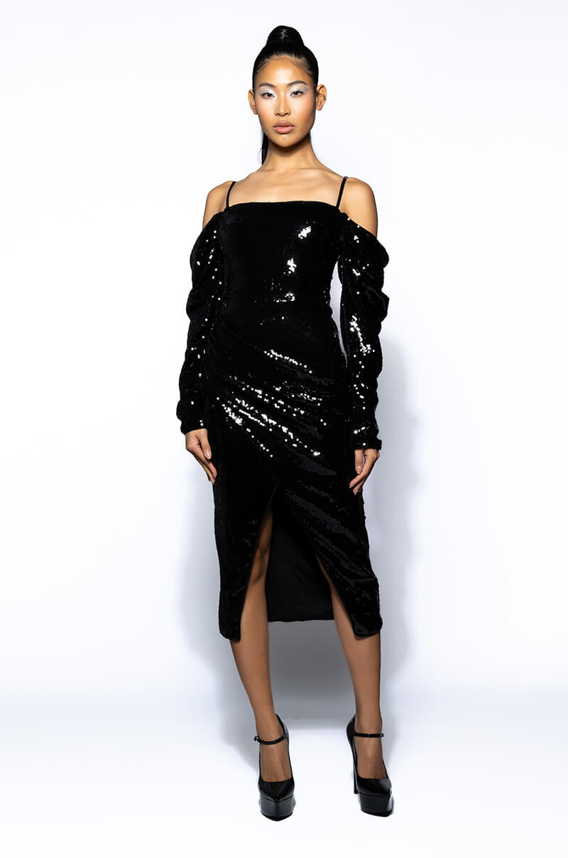 IMOGEN OFF THE SHOULDER LONG SLEEVE SEQUIN MIDI DRESS