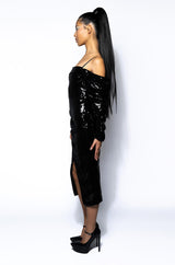 IMOGEN OFF THE SHOULDER LONG SLEEVE SEQUIN MIDI DRESS