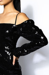 IMOGEN OFF THE SHOULDER LONG SLEEVE SEQUIN MIDI DRESS