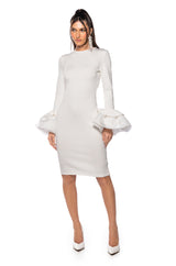 IN BLOOM EXAGGERATED CUFF LONG SLEEVE MIDI DRESS IN WHITE