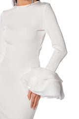 IN BLOOM EXAGGERATED CUFF LONG SLEEVE MIDI DRESS IN WHITE