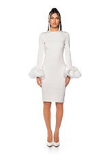 IN BLOOM EXAGGERATED CUFF LONG SLEEVE MIDI DRESS IN WHITE