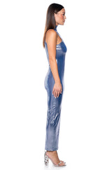 IN THE CROWD METALLIC MIDI DRESS IN BLUE